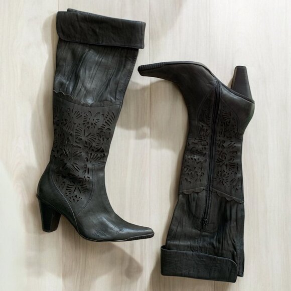 FUGITIVE Knee High Heel Leather Cowboy Boots - Picture 4 of 5